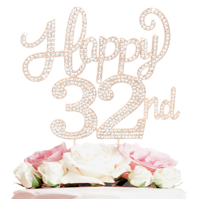 LASKYER Happy 32nd Birthday Decorations,32nd Birthday Gold Rhinestone Cake Topper - Cheers to 32 Years Old Bday Party Metal Sparkly Cake Centerpieces Sign. - Image 1